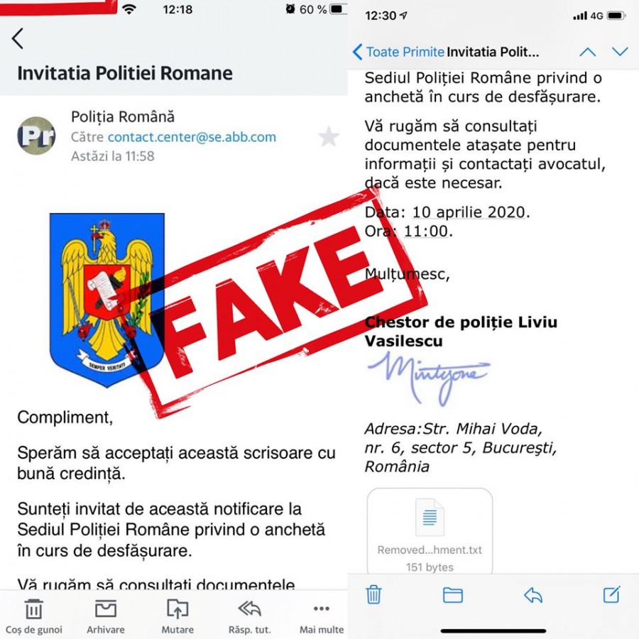 Nu deschideți astfel de e-mailuri! Nu sunt trimise de Poliția Română și sunt false!