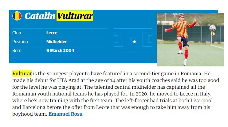 Fostul utist Vulturar inclus de jurnaliştii de la The Guardian în topul celor mai talentaţi 60 de fotbalişti din lume născuţi în 2004