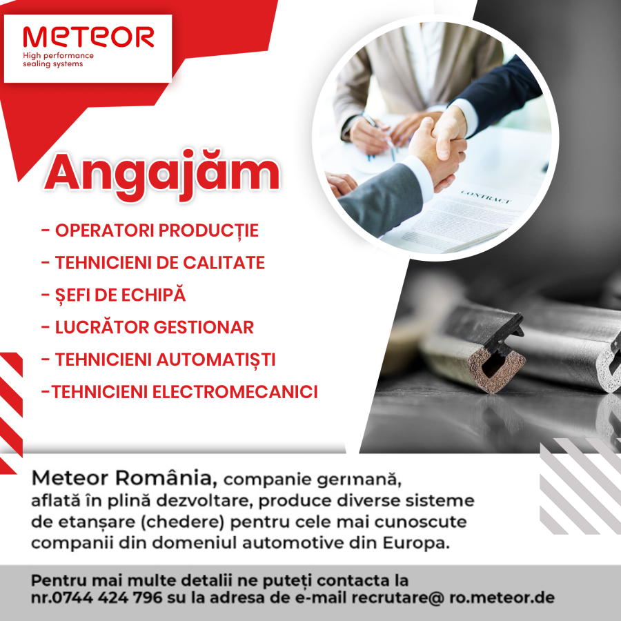 Meteor Romania - Echipa noastră se extinde! Angajăm operatori producție, tehnicieni de calitate, tehnicieni automatiști