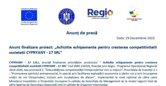 Anunț finalizare proiect: Achizitie echipamente pentru cresterea competitivitatii societatii CYPRYANY - 17 SRL