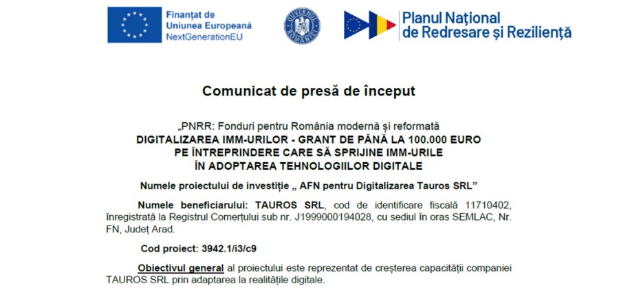 AFN pentru Digitalizarea Tauros SRL