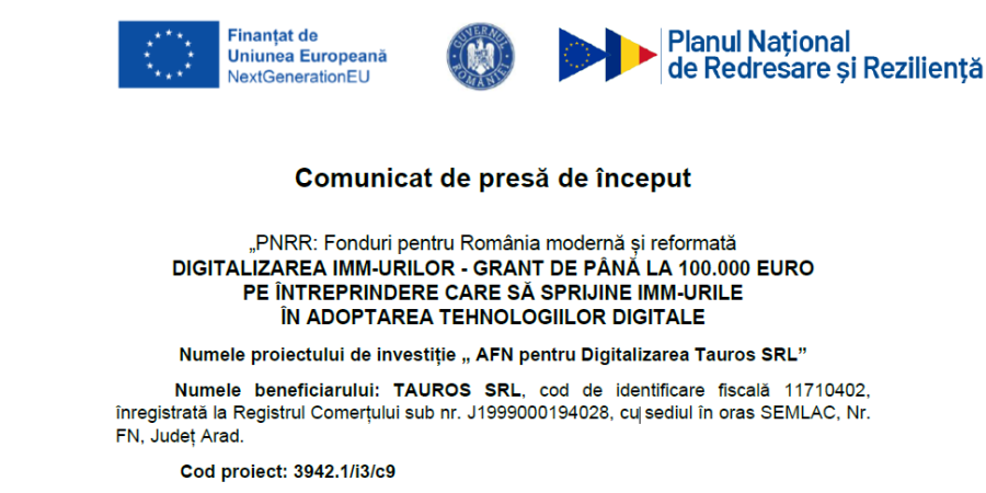 AFN pentru Digitalizarea Tauros SRL