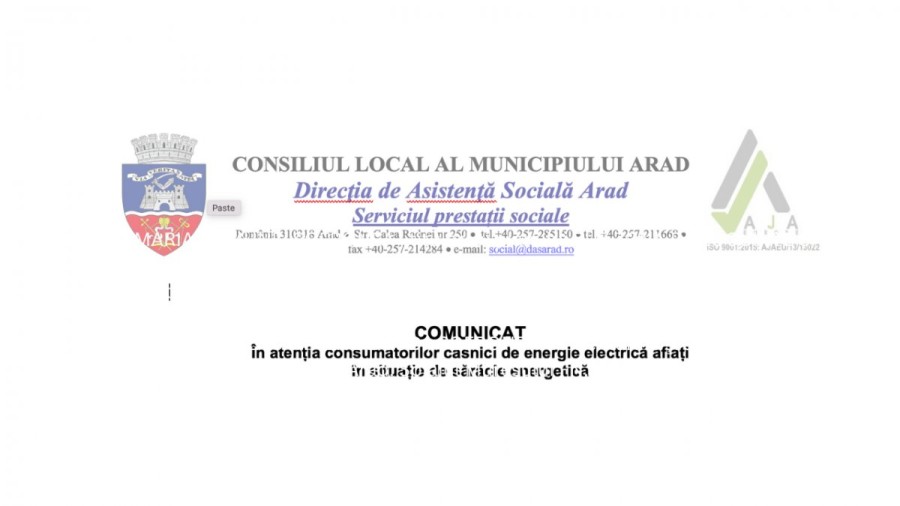 COMUNICAT În atenția consumatorilor casnici de energie electrică aflați  în situație de sărăcie energetică