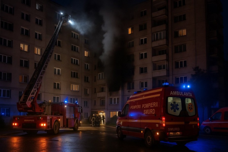 Degajări de fum pe casa scării la un bloc cu zece etaje de pe strada Gheorghe Magheru