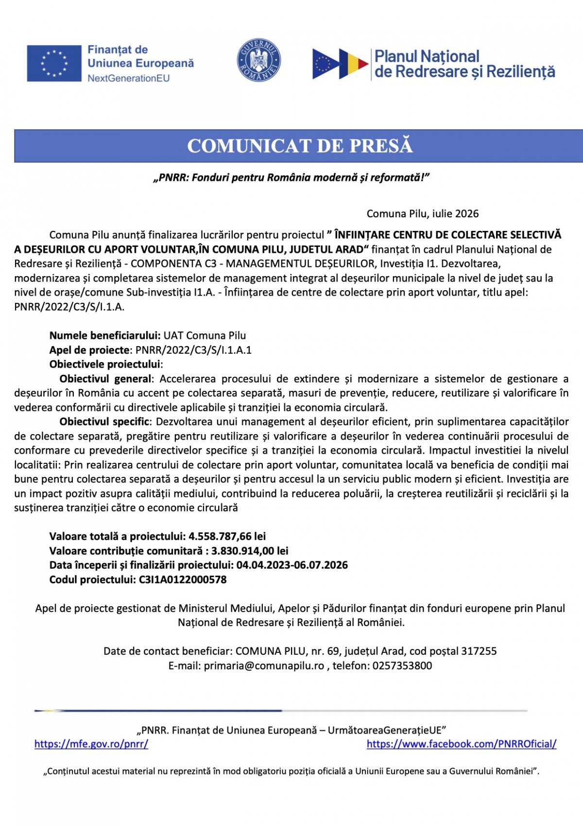 COMUNICAT DE PRESĂ