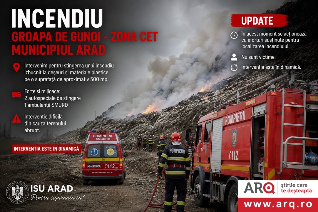 Incendiu izbucnit la groapa de gunoi de la periferia municipiului Arad, zona CET