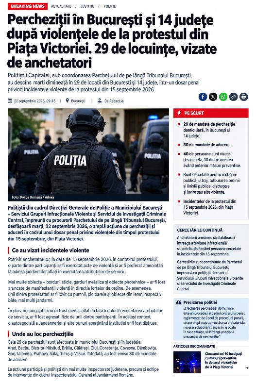 Percheziții în București și 14 județe,inclusiv Arad, după violențele de la protestul din Piața Victoriei. 29 de locuințe, vizate de anchetatori