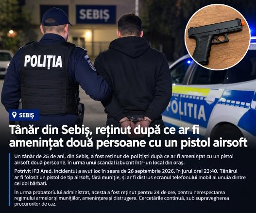 Tânăr din Sebiș, reținut după ce ar fi amenințat două persoane cu un pistol tip airsoft