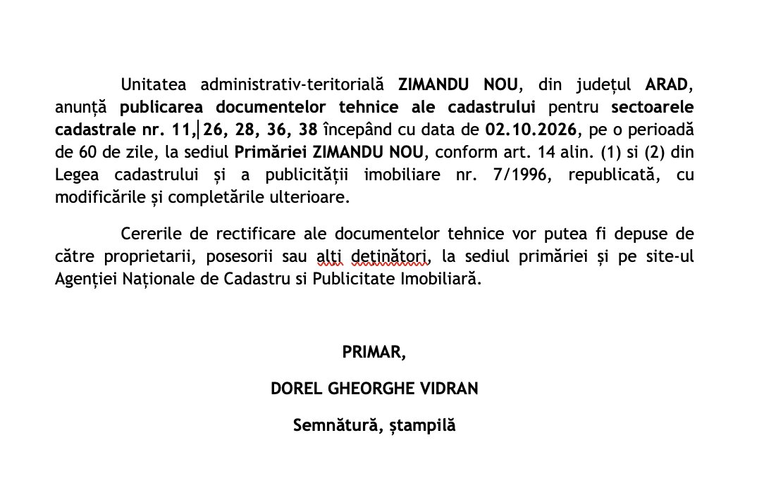 ANUNȚ PREALABIL PRIVIND AFIȘAREA PUBLICĂ  A DOCUMENTELOR TEHNICE ALE CADASTRULUI