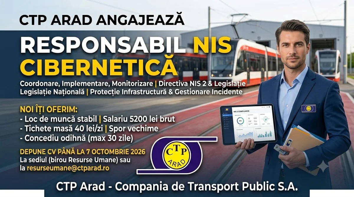 CTP Arad angajează Responsabil NIS pentru securitate cibernetică